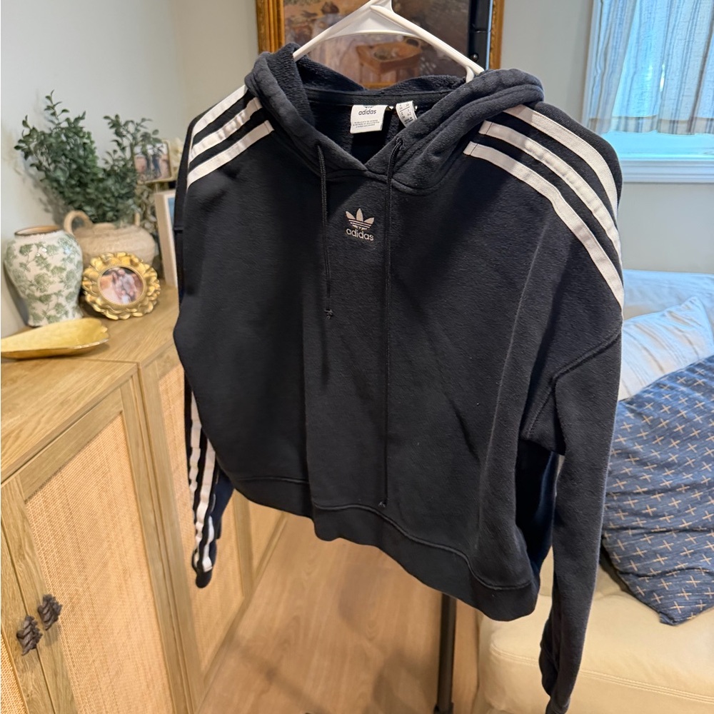 Adidas Cropped Black Hoodie with White Accents
